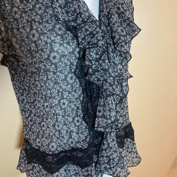 #44 Sash Ruffle Front Sheer Blouse, Black & White, Size L - Picture 2 of 5